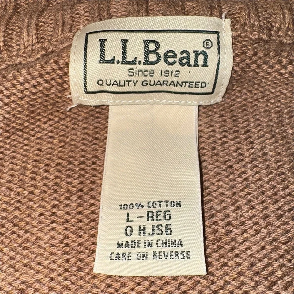 LL Bean Mens Large Full Zip Cotton Cardigan Sweater Tan Brown Mock Neck HJS6